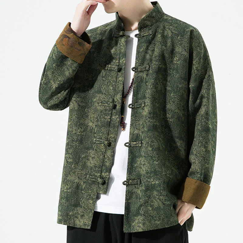 Buddha Stones Spring Printed Floral Pattern Men's Chinese Frog-button Long Sleeve Cotton Jacket