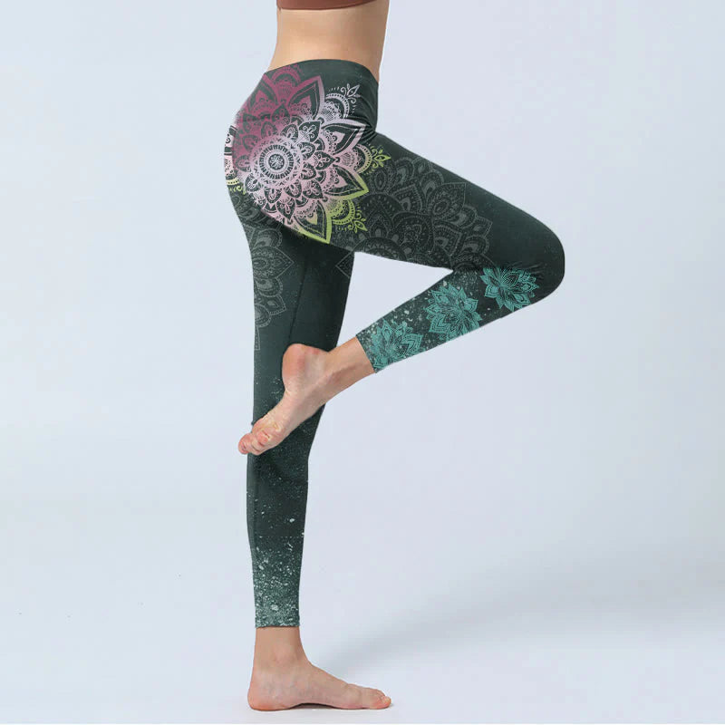 Buddha Stones Symmetry Mandalas Lotus Flowers Pattern Print Gym Leggings Women's Yoga Pants