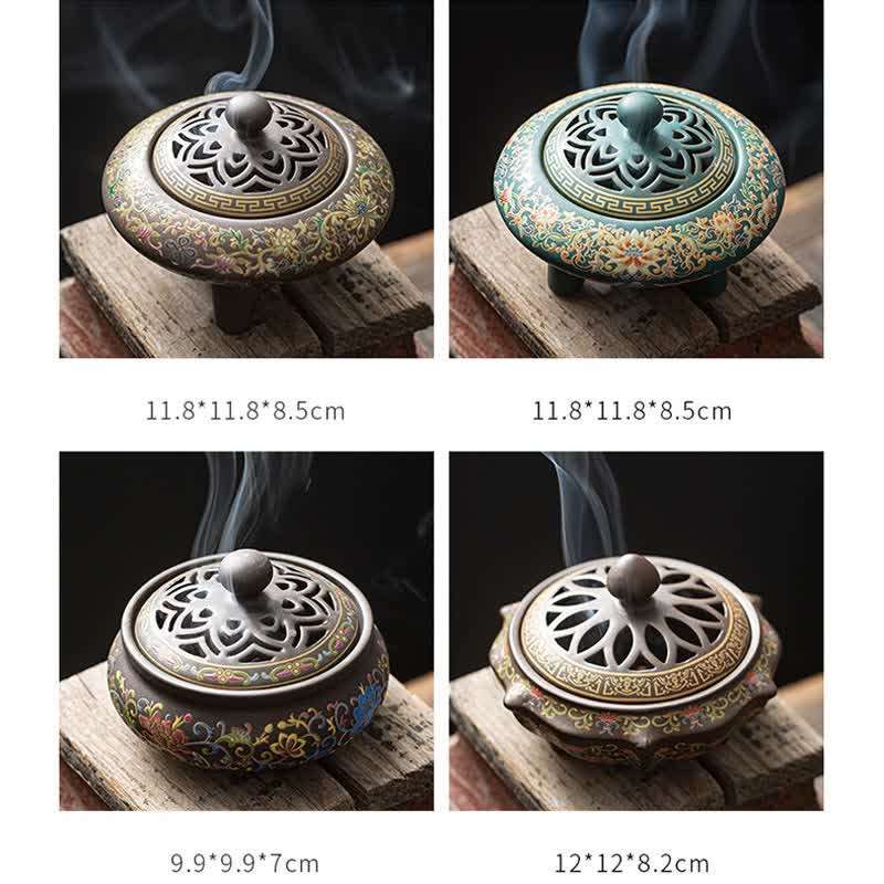 Buddha Stones Tibetan Floral Pattern Ceramic Blessing Incense Burner Decoration (Extra 35% Off | USE CODE: FS35)