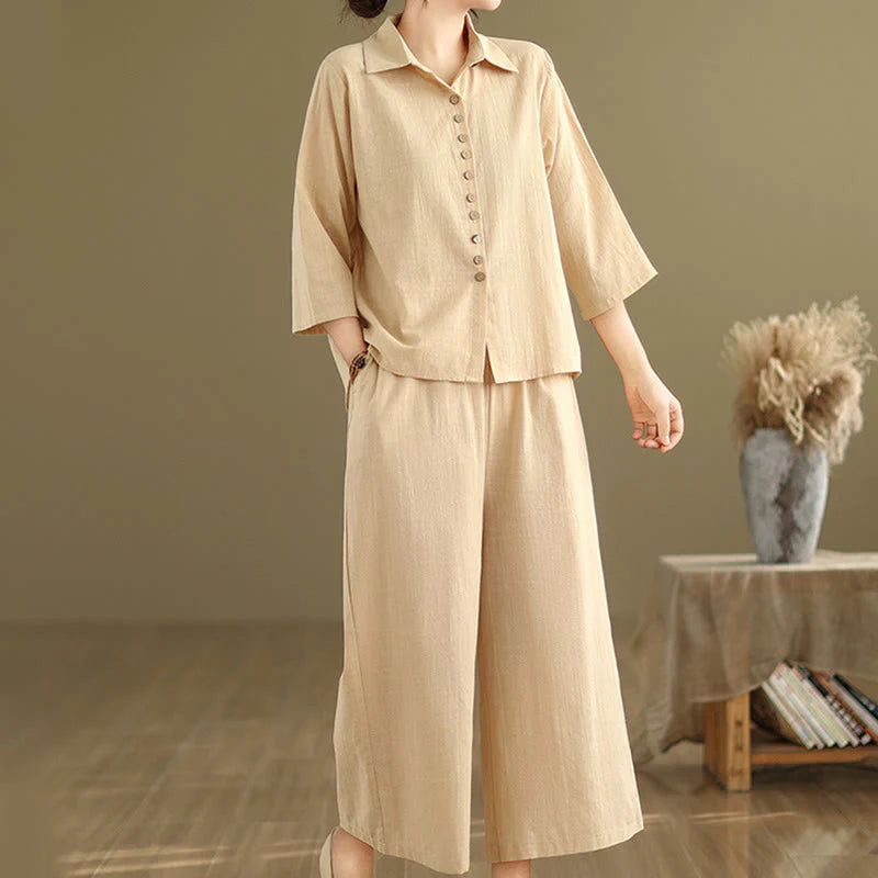 Buddha Stones 2pcs Casual Women's Stand Collar Shirt Loose Pants Meditation Clothing Set