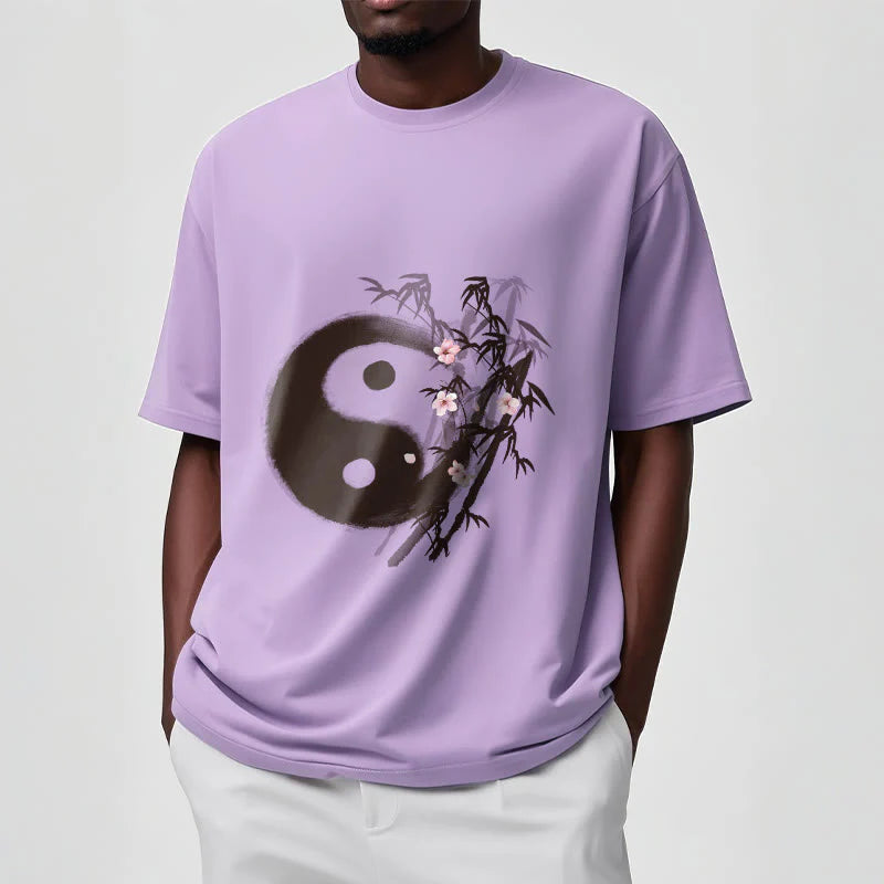 Buddha Stones Yin Yang Bamboo Cherry Blossom Pattern Tee T-shirt