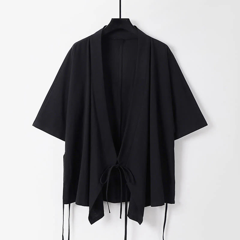 Buddha Stones 2Pcs Fall Lace-up Three Quarter Sleeve Cotton Kimono Drawstring Pants With Pockets Men's Meditation Cloth Set