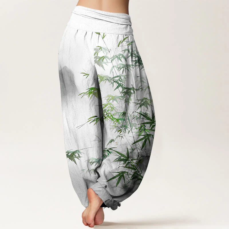 Buddha Stones Pure Cotton Bamboo Leaves Mountain Pattern Women's Elastic Waist Harem Pants
