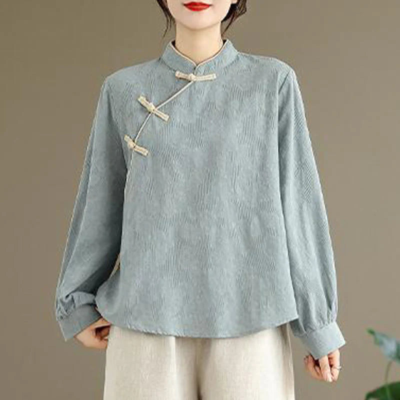 Buddha Stones Spring Traditional Floral Frog-Button Stand Collar Long Sleeve Women's Cotton Shirt
