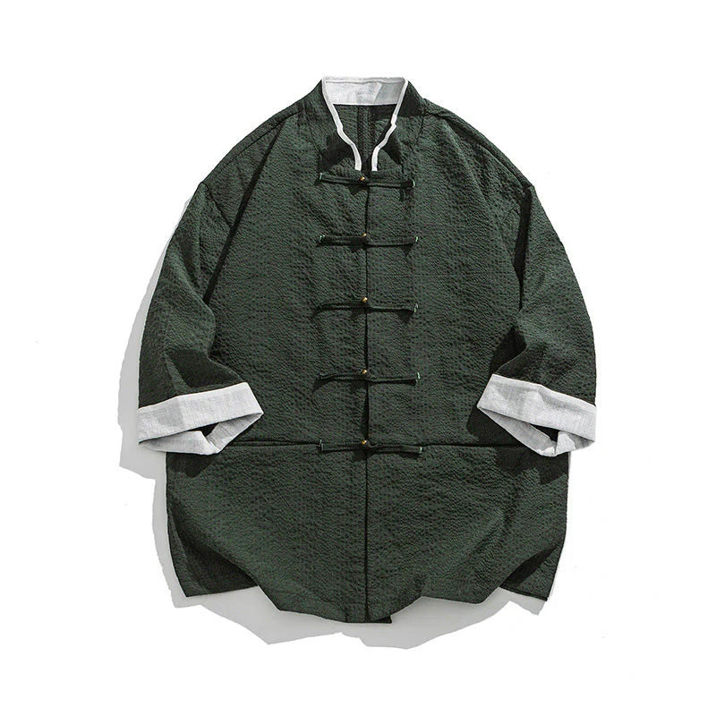 Buddha Stones Spring Solid Color Three Quarter Sleeve Tang Suit Men's Buttons Shirt With Pockets