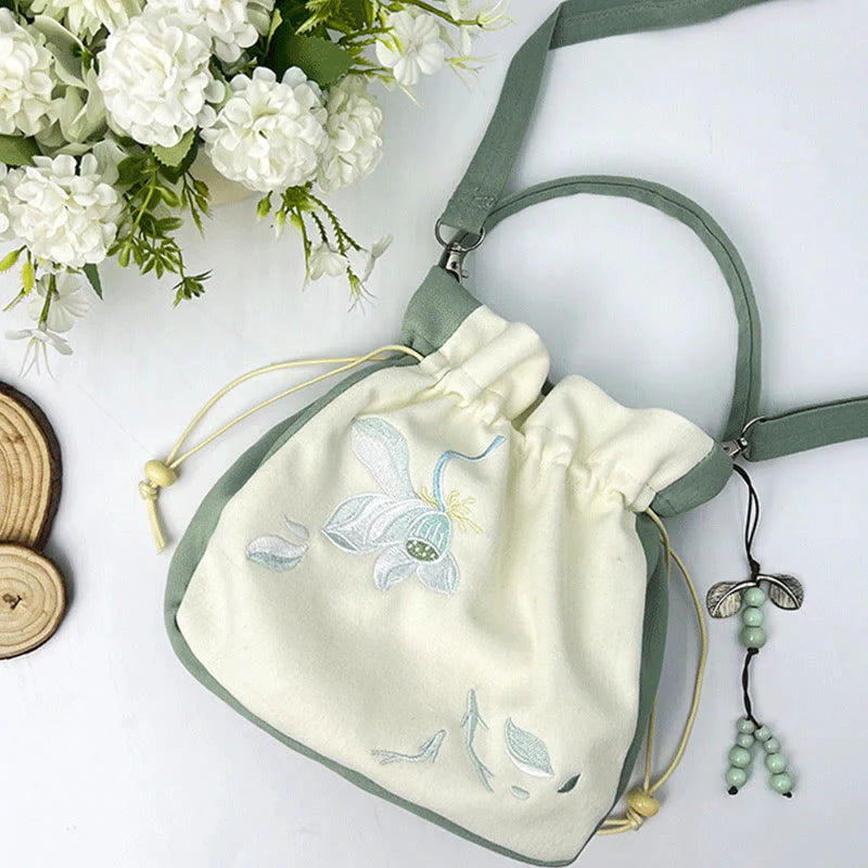 Buddha Stones Embroidered Butterfly Lotus Magnolia Cotton Linen Tote Crossbody Bag Shoulder Bag Handbag