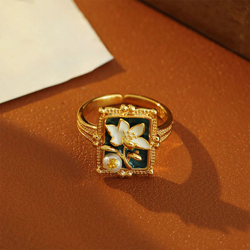 Buddha Stones Vintage Oil Painting Lotus Flower Pearl Copper Wealth Ring