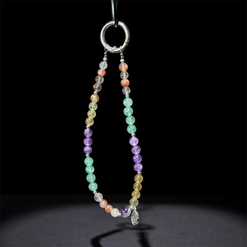 Buddha Stones Fu Character Charm Super Seven Crystal Growth Key Chain Phone Hanging Decoration