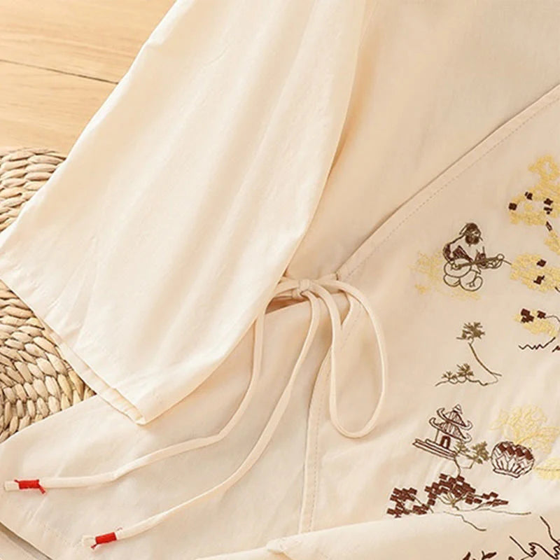 Buddha Stones Retro Embroidery Lace-Up Women's Three Quarter Sleeve Cotton Linen T-Shirt