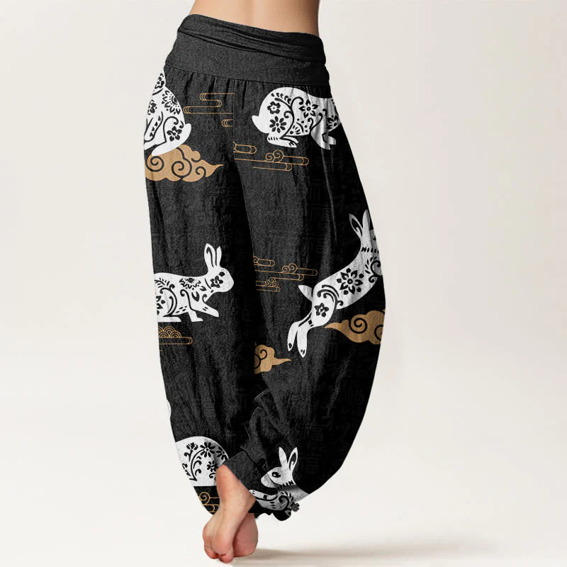 Buddha Stones Cotton White Rabbit Auspicious Cloud Pattern Women's Elastic Waist Harem Pants
