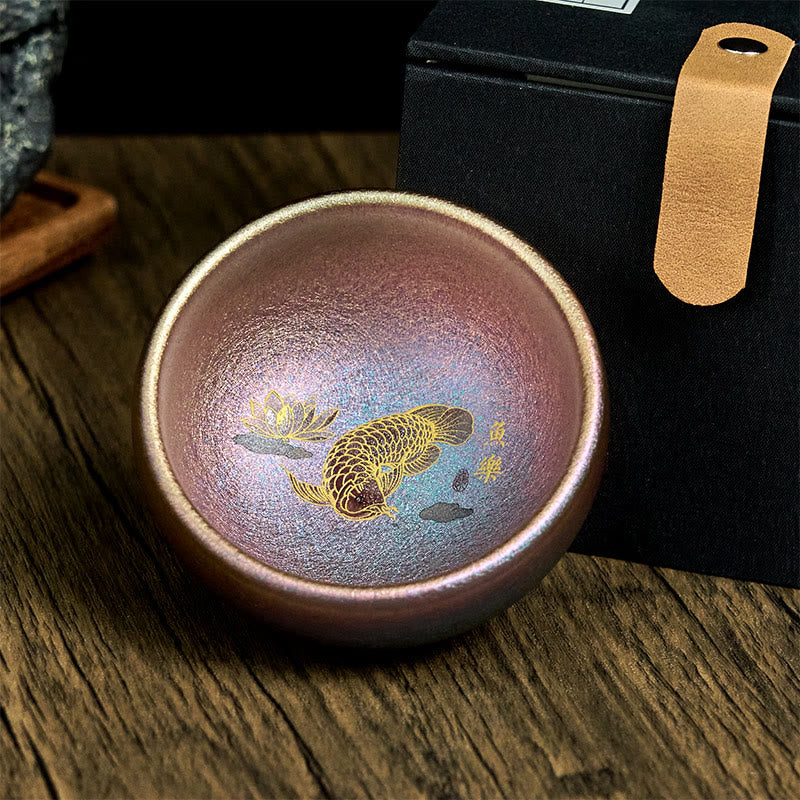 Buddha Stones Handmade Chinese Jianzhan Koi Fish Lotus Leaf Ceramic Teacup Kung Fu Tea Cup 150ml