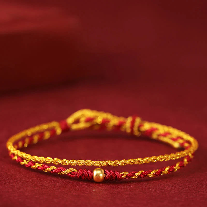 Buddha Stones 999 Gold Beads Copper Coin Double Wrap Golden Red String Connection Braided Bracelet