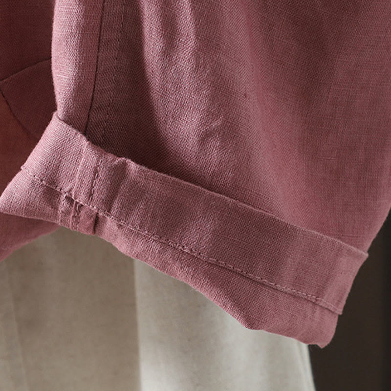 Buddha Stones Pure Color V-neck Women's Cotton Jacket With Pockets