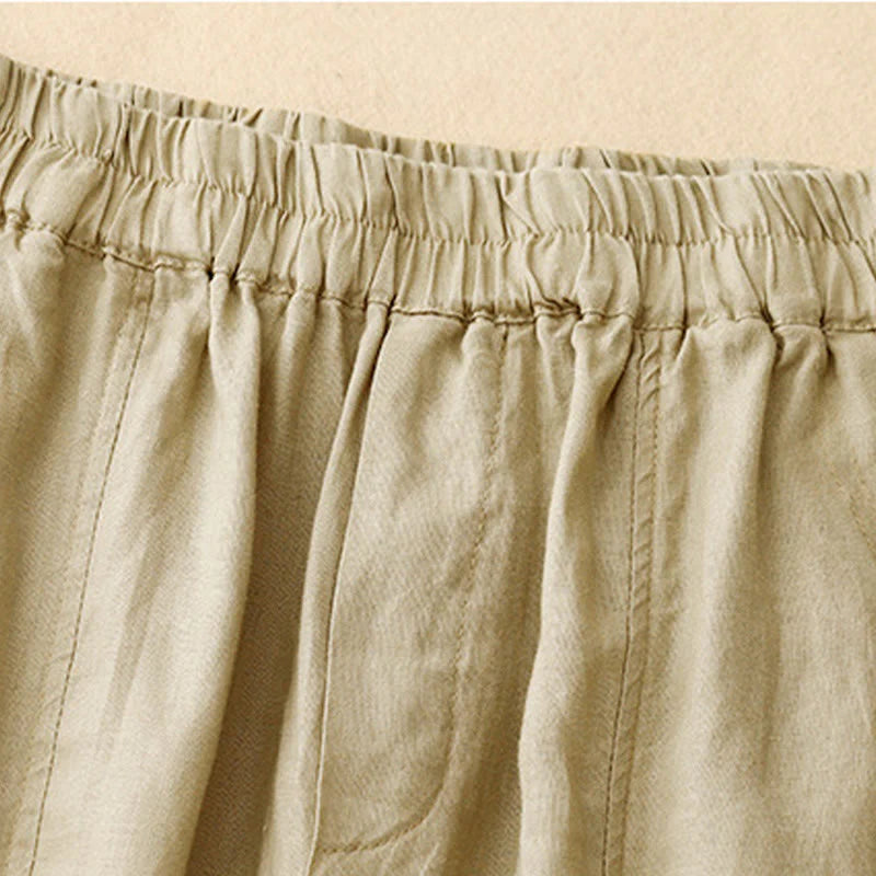 Buddha Stones Summer Solid Color Side Button Design Cotton Linen Women's Harem Pants With Pockets