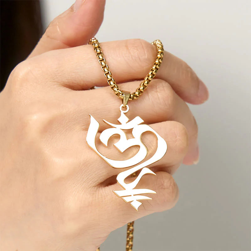 Buddha Stones Vintage OM Symbol geometry Design Stainless Steel Connection Necklace Pendant