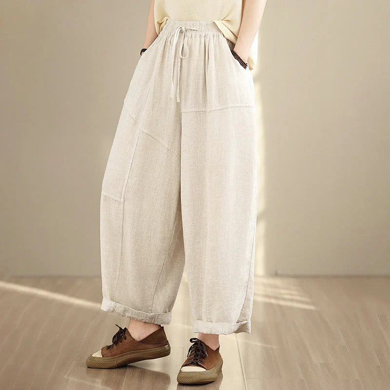 Buddha Stones Women's Fall Plain Color Drawstring Cotton Linen 7-8 Length Pants With Pockets