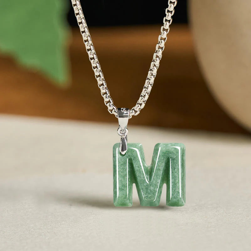 Buddha Stones Natural A-Z Letter Jade Titanium Steel Wide Chain Prosperity Necklace Pendant