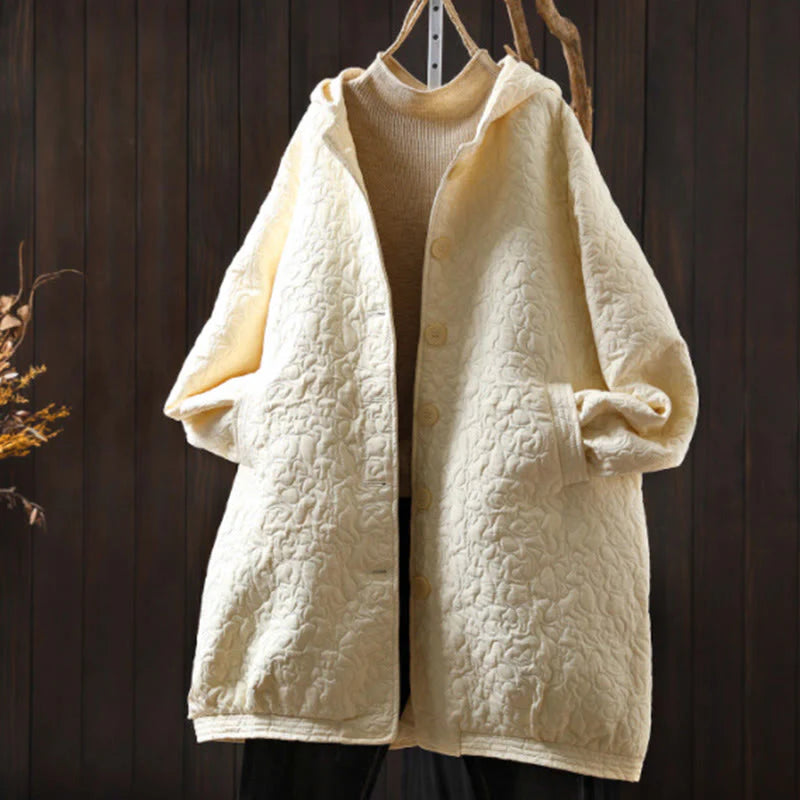 Buddha Stones Fall Buttons Long Sleeve Mid-length Jacquard Cotton Women's Jacket With Pockets