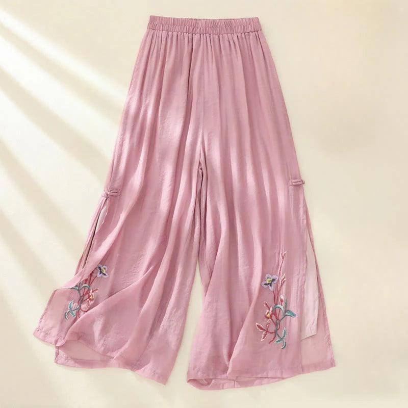 Buddha Stones Artistic Embroidery Flower Double Layer Chinese Frog Button Split Cotton Linen Women's Wide Leg Pants
