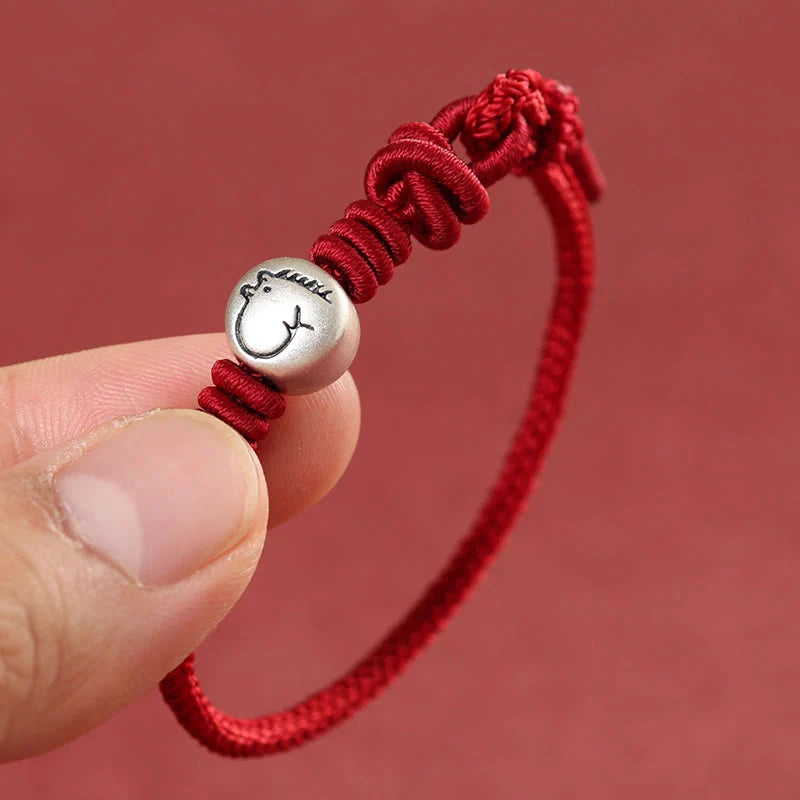 Buddha Stones Year of the Horse 999 Sterling Silver Red String Braided Connection Bracelet
