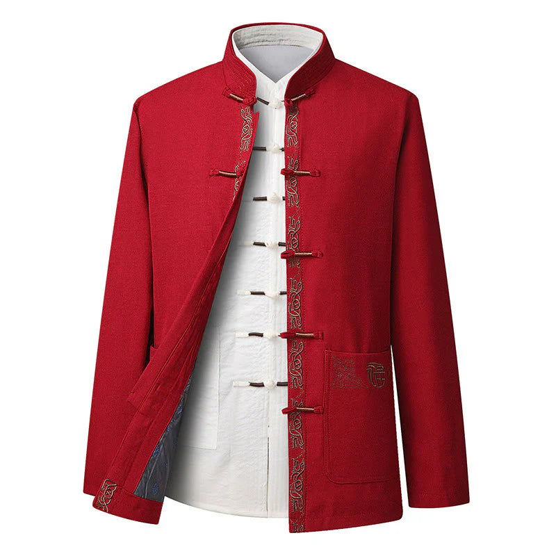 Buddha Stones Fu Character Embroidery Tang Suit Frog-Button Men's Long Sleeve Jacket Shirt Pants