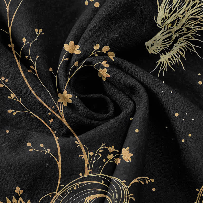 Buddha Stones Cotton Wave Dragon Flower Pattern Men's Short Sleeve Half Button Shirt