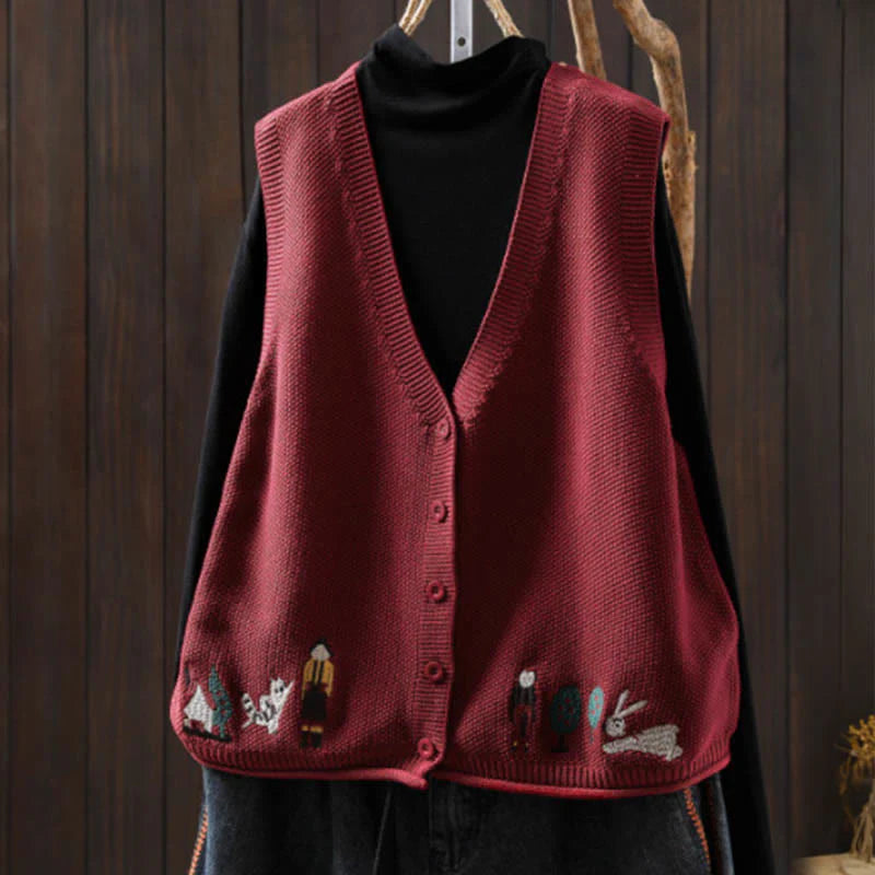 Buddha Stones Figure Rabbit Tree Embroidery Buttons Women's Sleeveless Cotton Knitted Vest Waistcoat