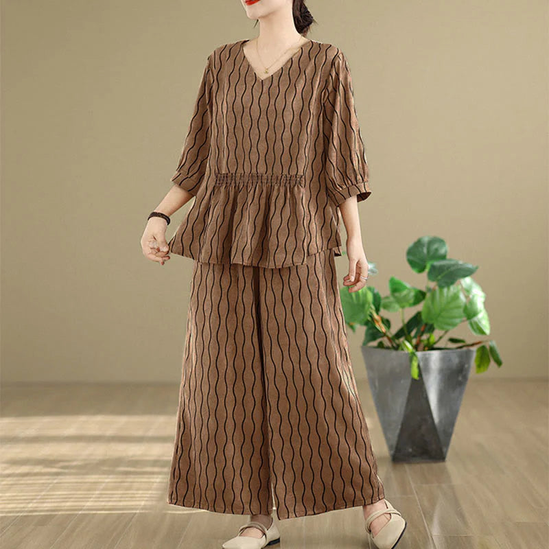 Buddha Stones 2pcs Striped Pattern Short Sleeve Shirt Polyester 7 Length Harem Pants Set With Pocket