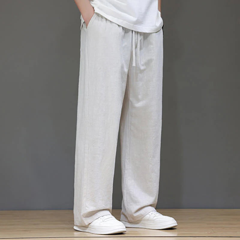 Buddha Stones Summer Men's Cotton Linen Straight Leg Pants With Pockets