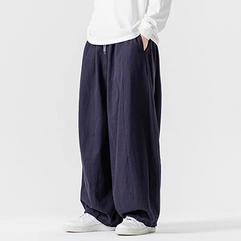 Buddha Stones Winter Commute Plain Drawstring Design Men's Wide Leg Cotton Pants With Pockets