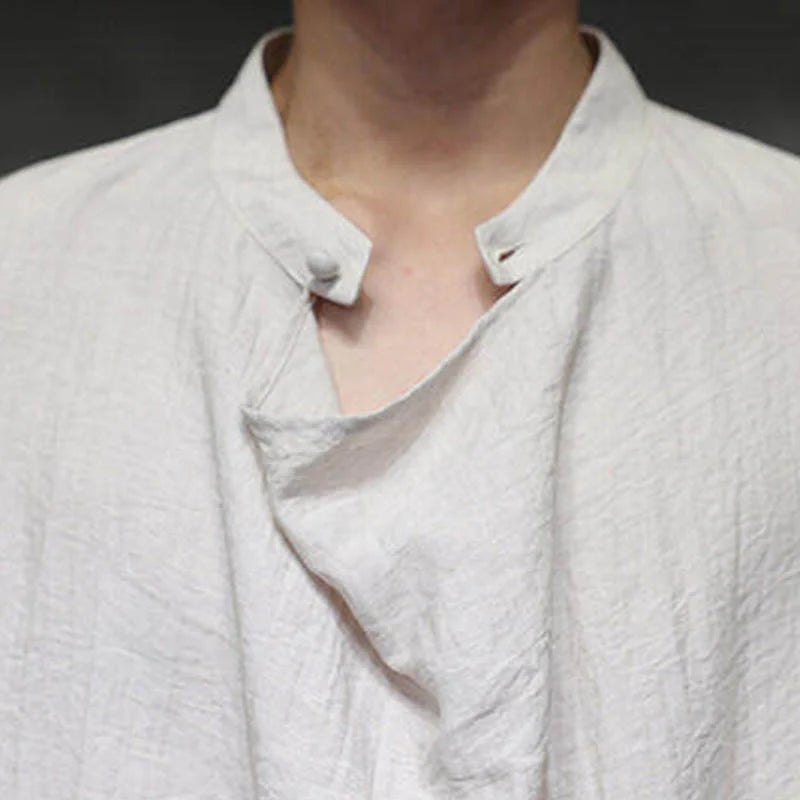 Buddha Stones Spring Solid Color Pleated Stand Collar Design Tang Suit Men's Long Sleeve Linen Shirt