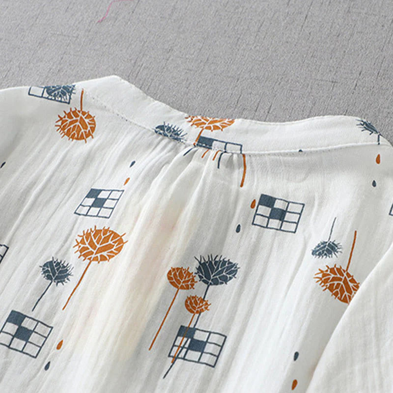 Buddha Stones Printed Half Button DesignThree Quarter Gathered Sleeve Women's Cotton Shirt