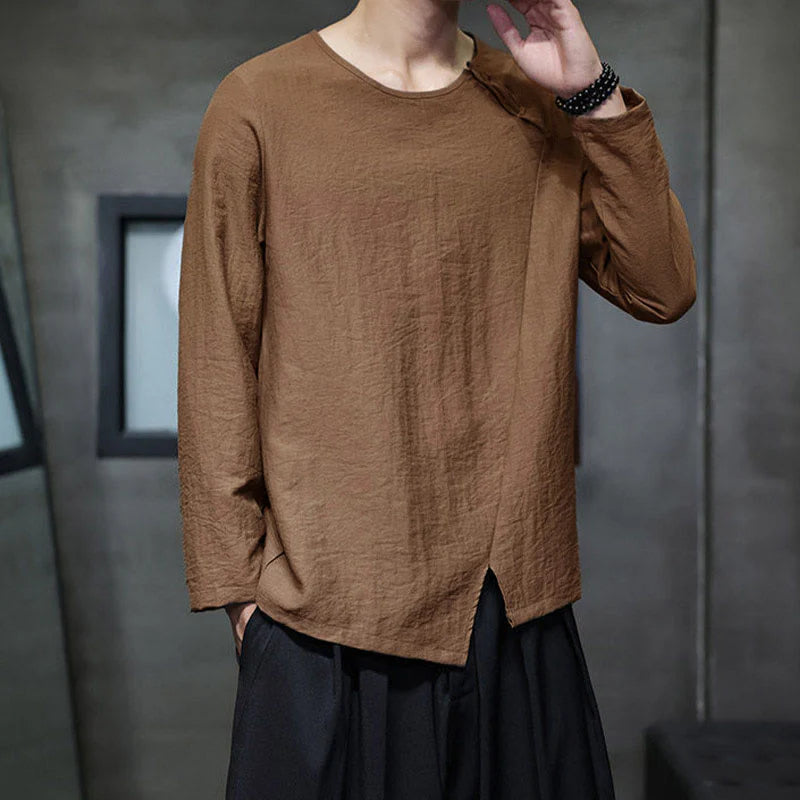 Buddha Stones Solid Color Loose Long Sleeve Round Neck Men's Shirts