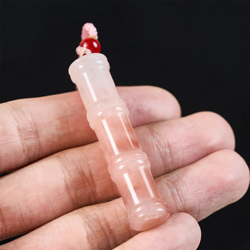 Buddha Stones Craved Bamboo Natural Pink Quartzite Jade Protection Necklace Pendant