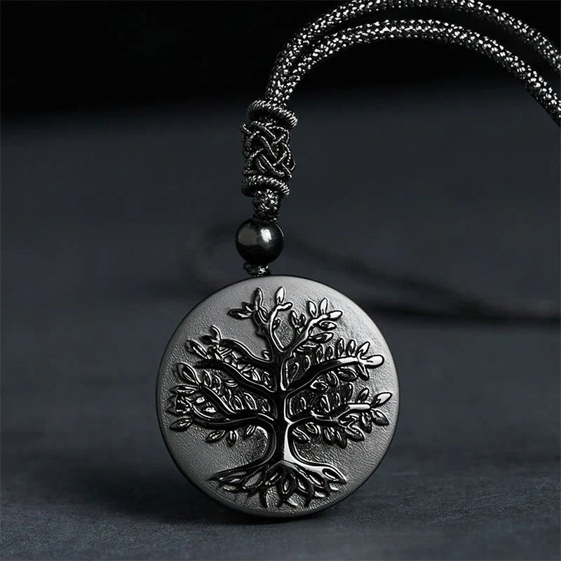 Buddha Stones Natural The Tree of Life Pattern Black Obsidian Transformation Necklace Pendant