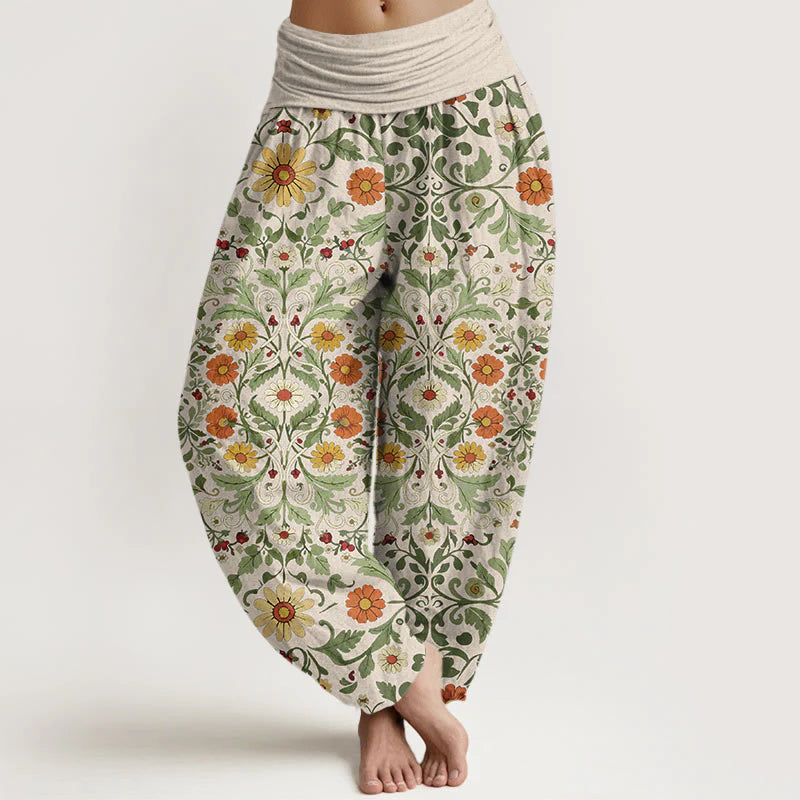 Buddha Stones Pure Cotton Colorful Flowers Vines Women's Elastic Waist Harem Pants