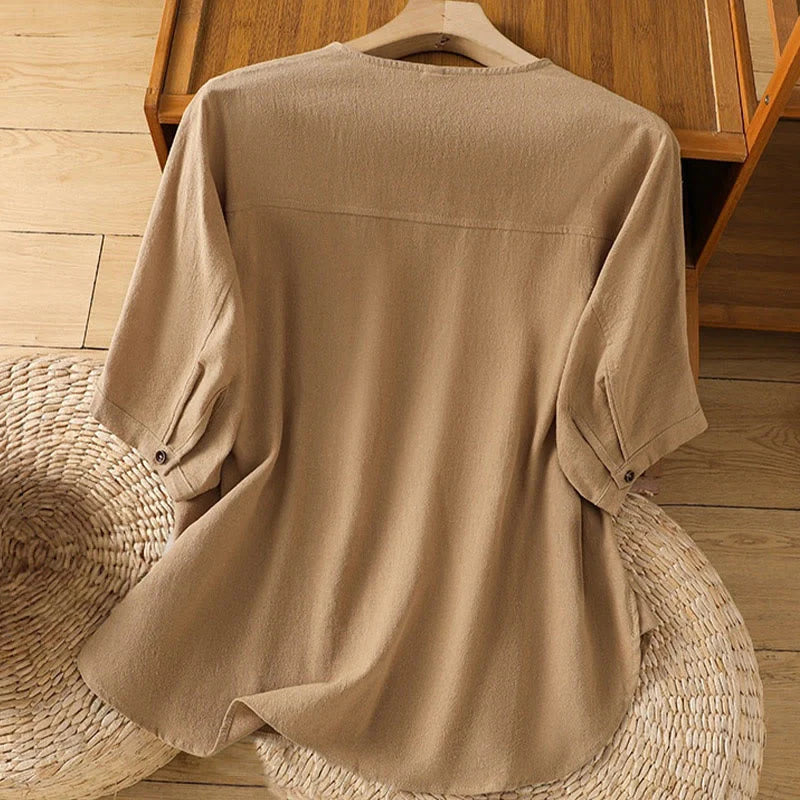 Buddha Stones Casual Plain Buttons Half Sleeve Women's Cotton Linen Shirt With Pocket