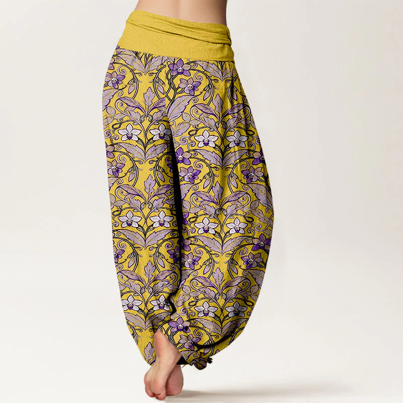 Buddha Stones Cotton Star Shaped Flowers Leaves Pattern Women's Elastic Waist Harem Pants