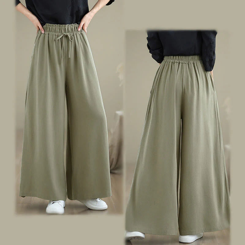 Buddha Stones Women's Pure Color Drawstring Cotton Linen Wide Leg Ankle-Length Pants With Pockets