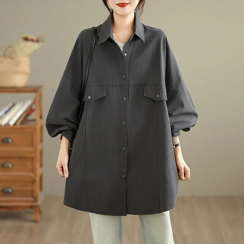 Buddha Stones Fall Pure Color Lapel Button Simple Design Women's Cotton Long Sleeve Jacket