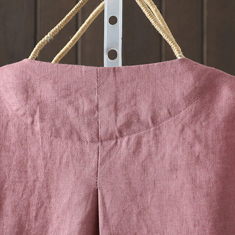 Buddha Stones Pure Color V-neck Women's Cotton Jacket With Pockets