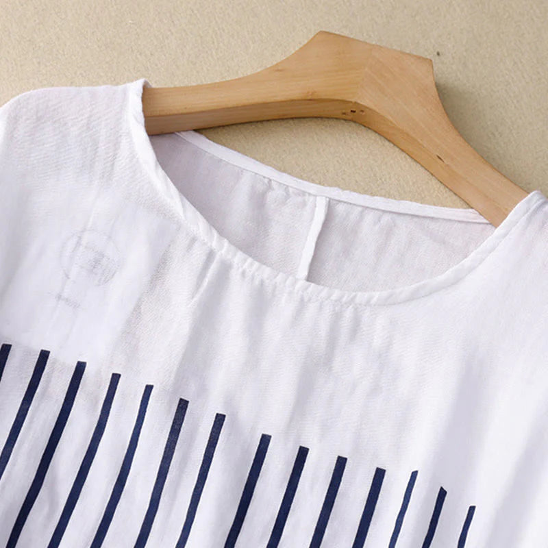 Buddha Stones Casual Line Printing Pattern Short Sleeve Cotton Linen Women's T-Shirt