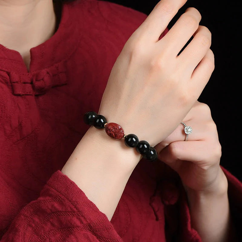 Buddha Stones Chinese Zodiac Natal Buddha Natural Black Obsidian Cinnabar Purification Bracelet (Extra 35% Off | USE CODE: FS35)
