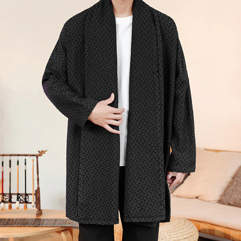 Buddha Stones Winter Jacquard Simple Design Men's Cotton Long Sleeve Kimono