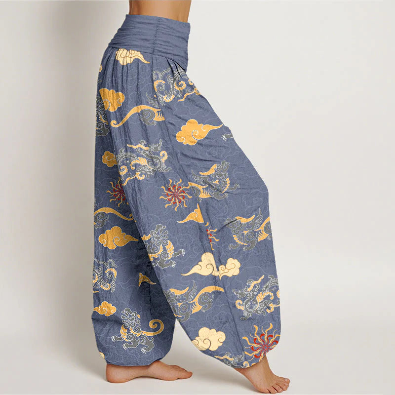 Buddha Stones Cotton Gorgeous Dragon Auspicious Beast Cloud Pattern Women's Elastic Waist Harem Pants