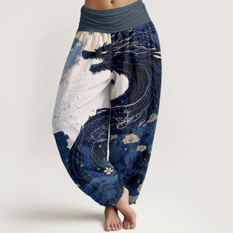 Buddha Stones Cotton Casual Dragon Ancient Tree Pattern Women's Elastic Waist Harem Pants