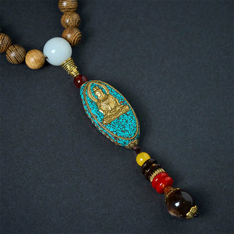 Buddha Stones Vintage Nepal Avalokitesvara Harmony Coconut Shell Beads Pendant Necklace