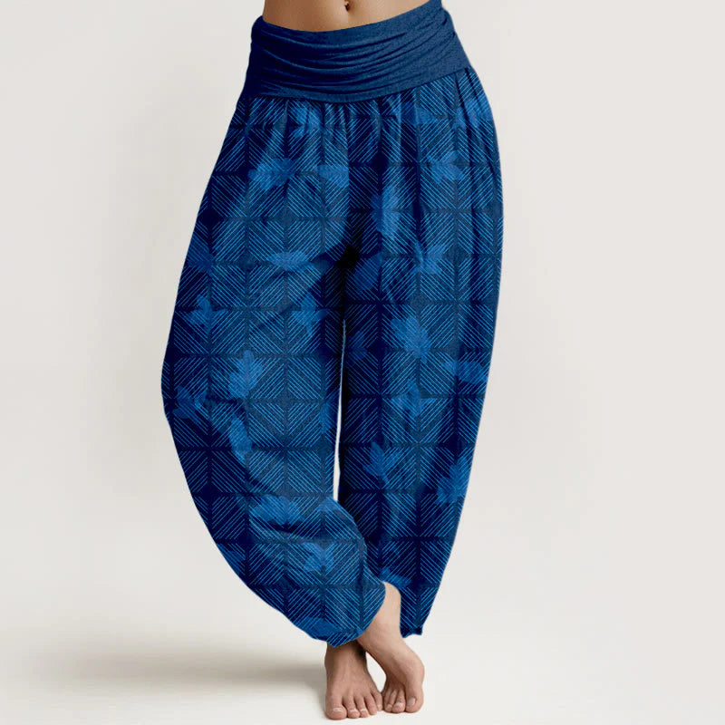 Buddha Stones Cotton Neatly Arranged Checkered Leaf Pattern Women's Elastic Waist Harem Pants