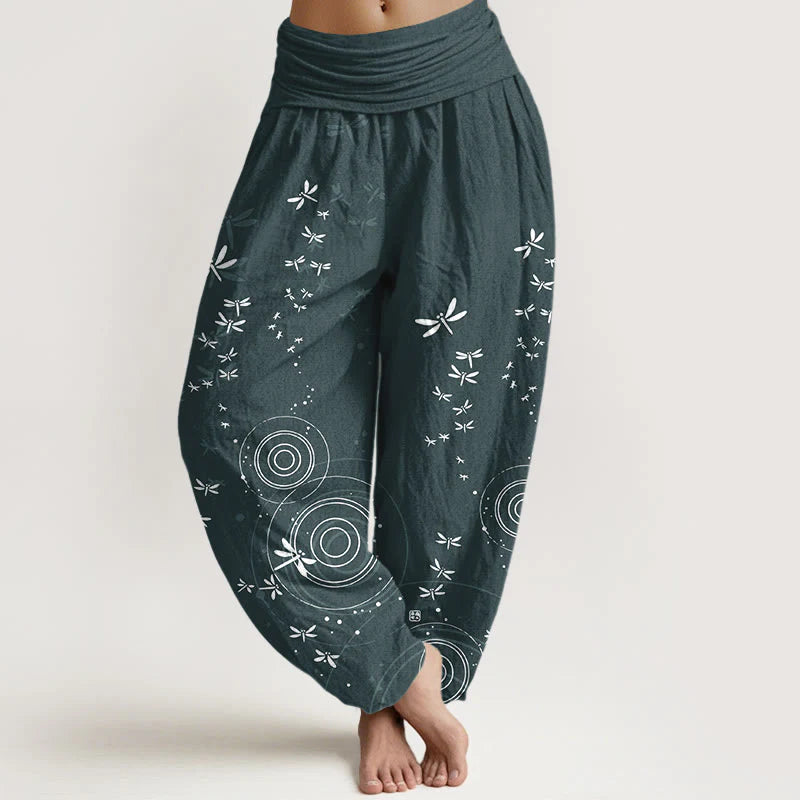 Buddha Stones Pure Cotton Circular Lines Dragonfly Women's Elastic Waist Harem Pants