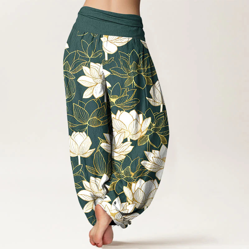 Buddha Stones Cotton Elegant Refined Lotus Flower Pattern Women's Elastic Waist Harem Pants